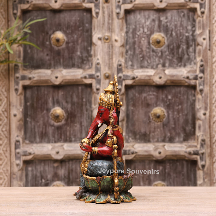 13" Handcrafted Red &amp; Gold Brass Lord Ganesha Statue