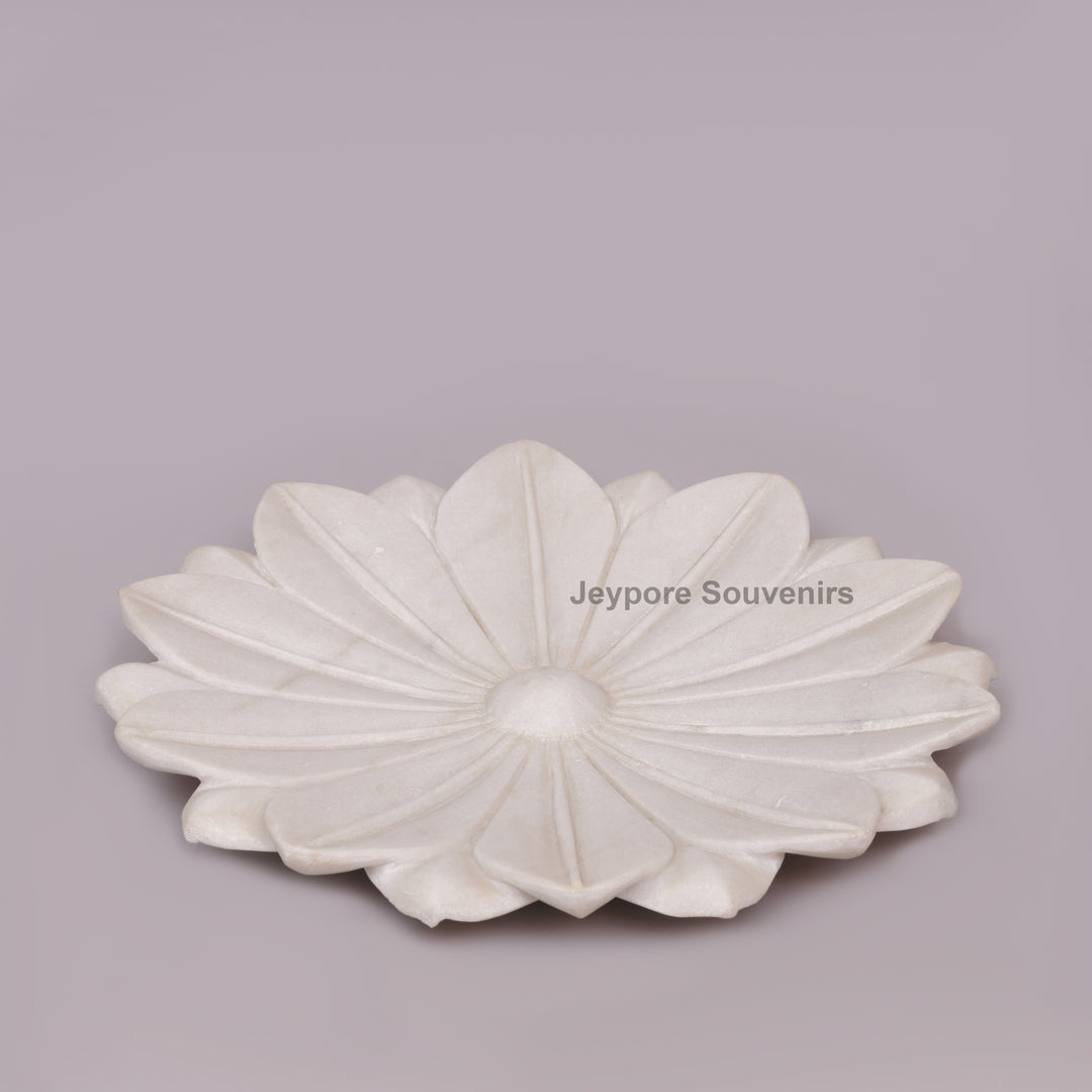 Hand-Carved White Marble Lotus Urli Bowl