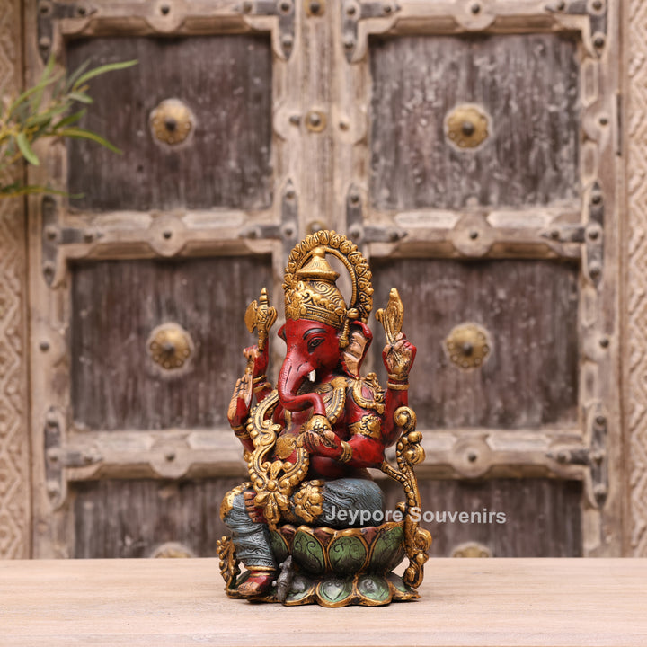13" Handcrafted Red &amp; Gold Brass Lord Ganesha Statue