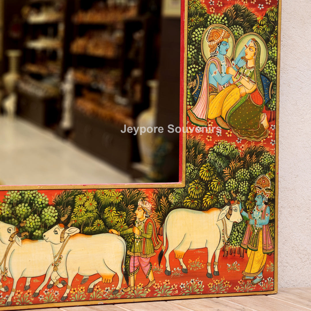 Hand-Painted Wooden Jharokha Mirror with Radha Krishna, Ganesha &amp; Cow Motifs