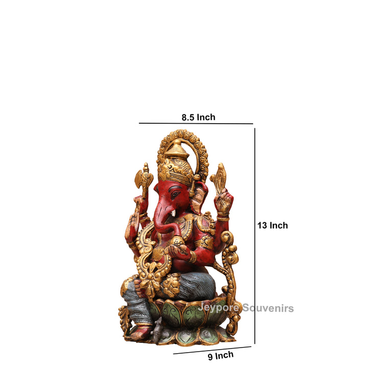 13" Handcrafted Red &amp; Gold Brass Lord Ganesha Statue