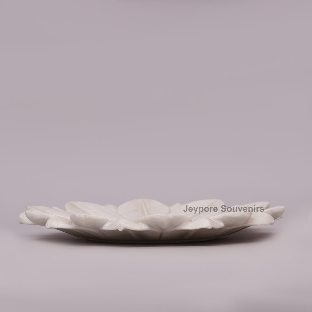 Hand-Carved White Marble Lotus Urli Bowl