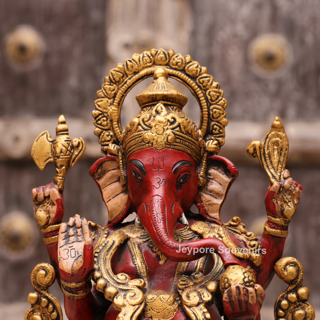 13" Handcrafted Red &amp; Gold Brass Lord Ganesha Statue