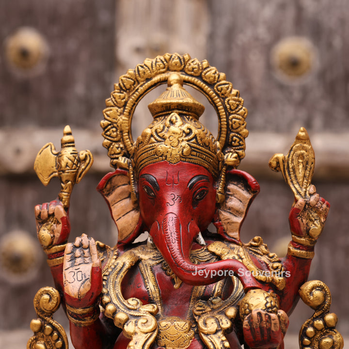 13" Handcrafted Red &amp; Gold Brass Lord Ganesha Statue