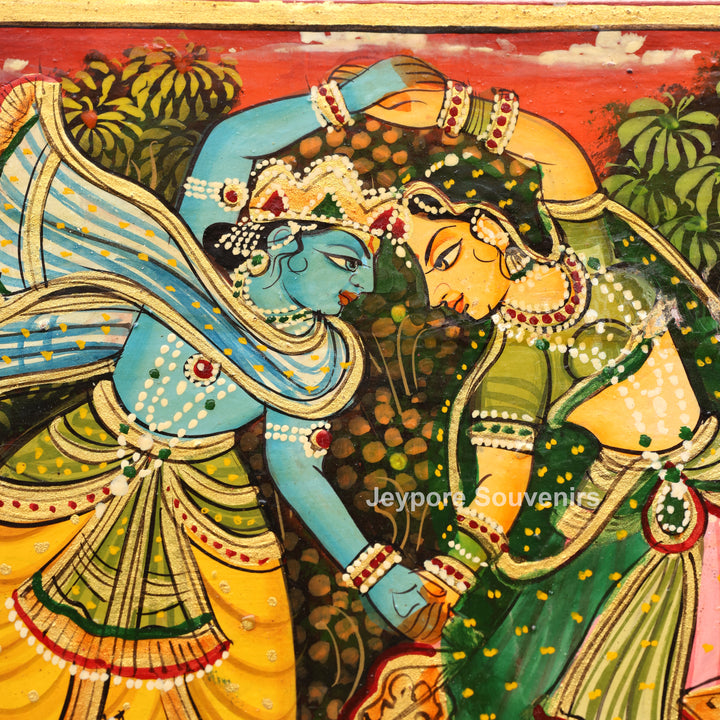 Hand-Painted Wooden Jharokha Mirror with Radha Krishna, Ganesha &amp; Cow Motifs