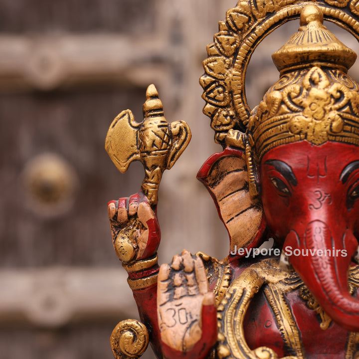 13" Handcrafted Red &amp; Gold Brass Lord Ganesha Statue