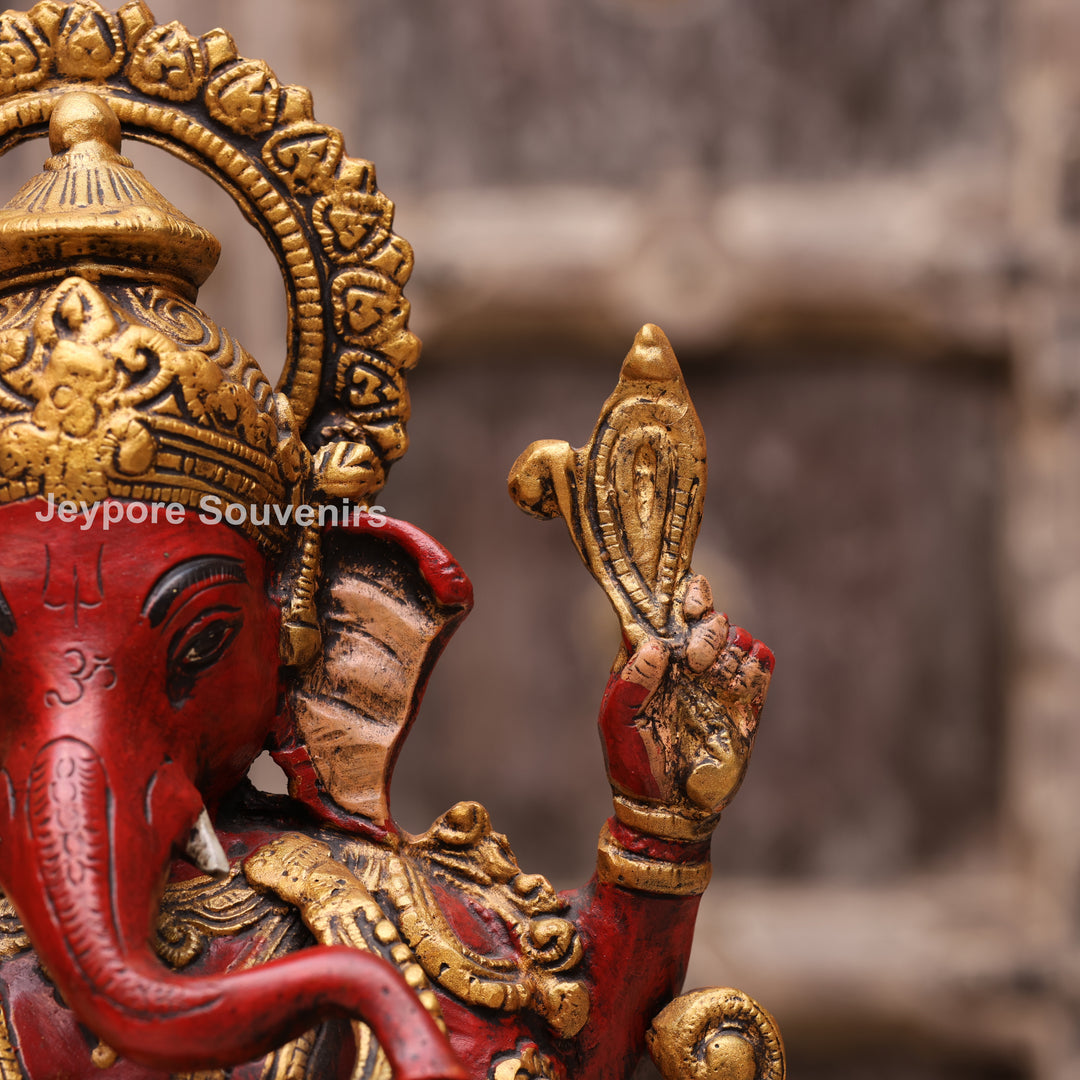 13" Handcrafted Red &amp; Gold Brass Lord Ganesha Statue