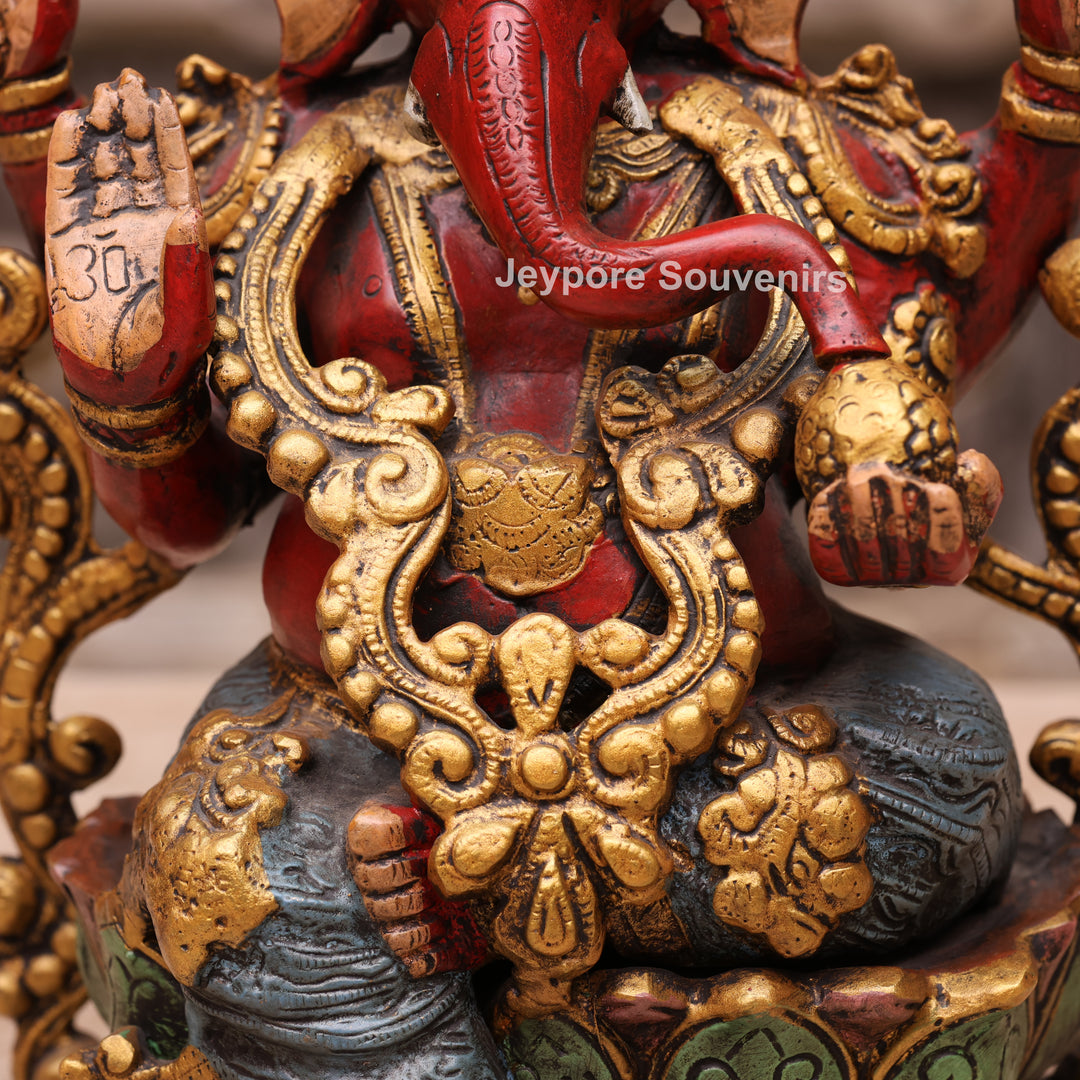 13" Handcrafted Red &amp; Gold Brass Lord Ganesha Statue