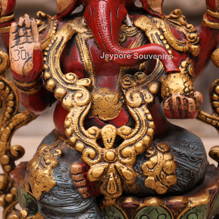 13" Handcrafted Red &amp; Gold Brass Lord Ganesha Statue