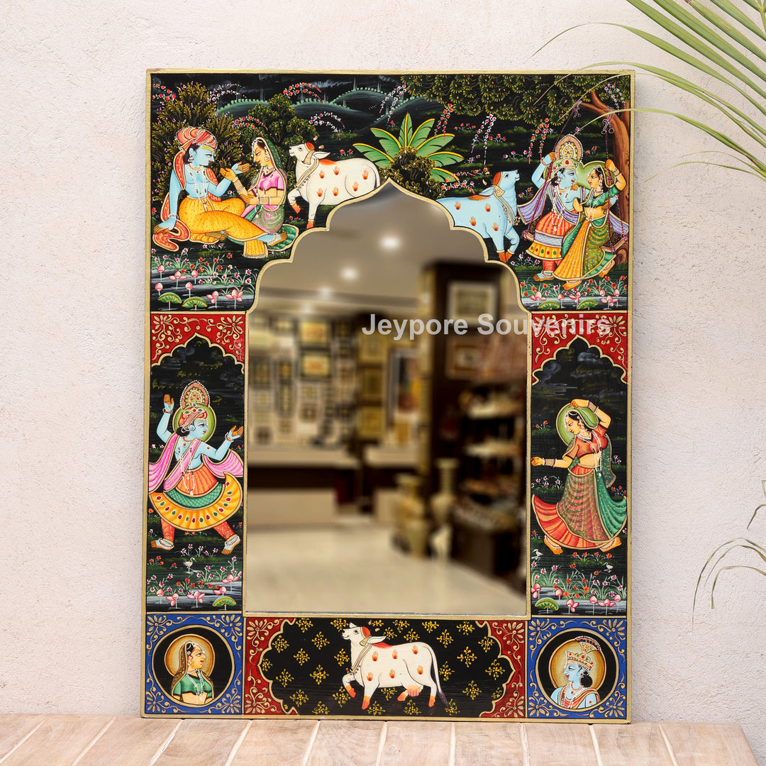 Traditional Wooden Hand-Painted Radha Krishna Jharokha Mirror Frame