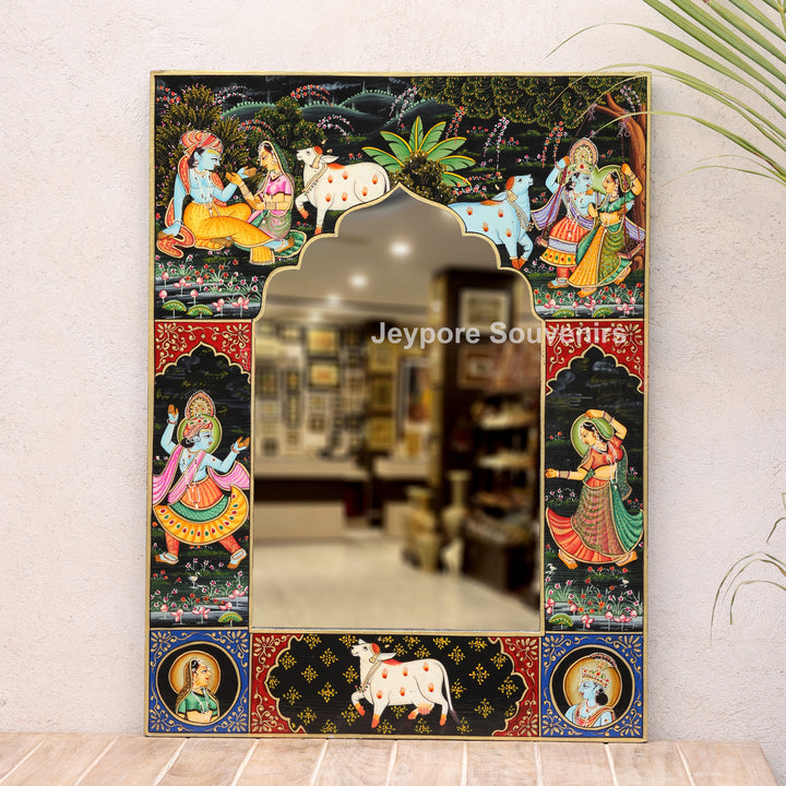 Traditional Wooden Hand-Painted Radha Krishna Jharokha Mirror Frame