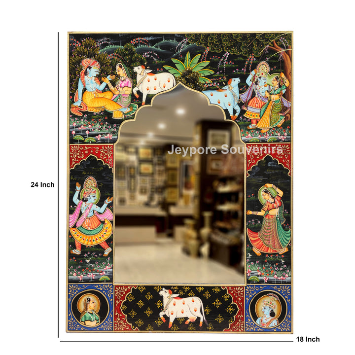 Traditional Wooden Hand-Painted Radha Krishna Jharokha Mirror Frame