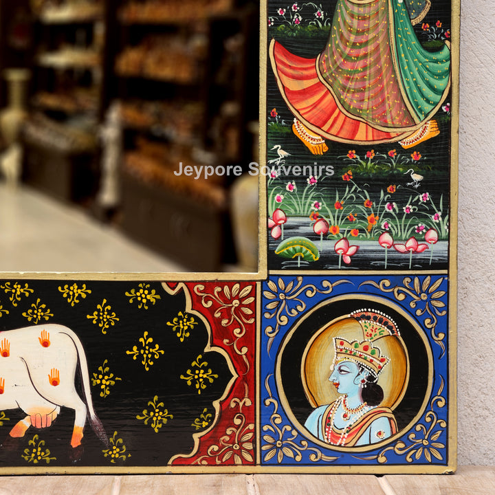 Traditional Wooden Hand-Painted Radha Krishna Jharokha Mirror Frame