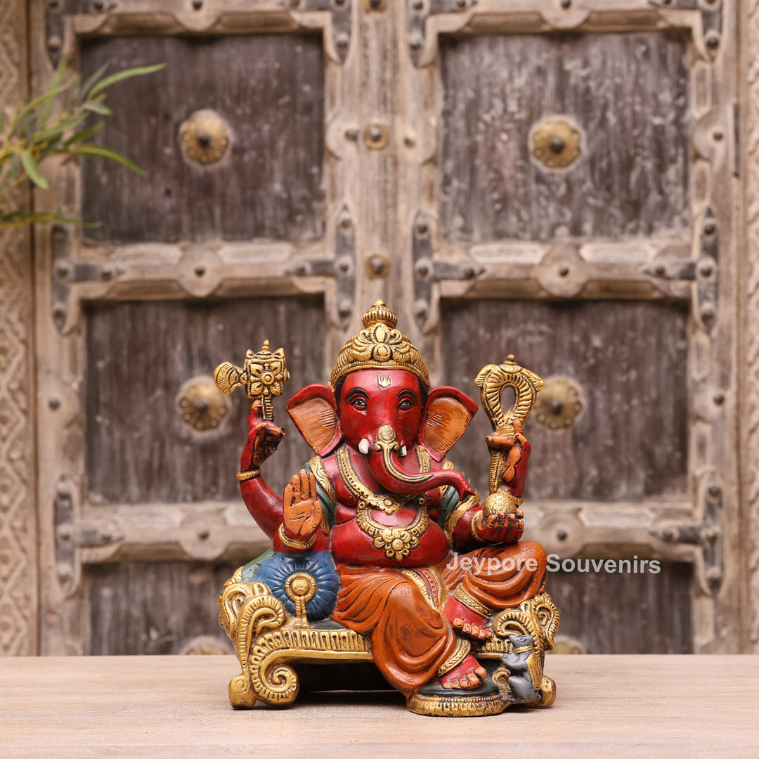 12" Hand-Painted Brass Lord Ganesha Sculpture