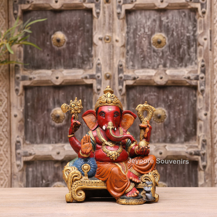 12" Hand-Painted Brass Lord Ganesha Sculpture