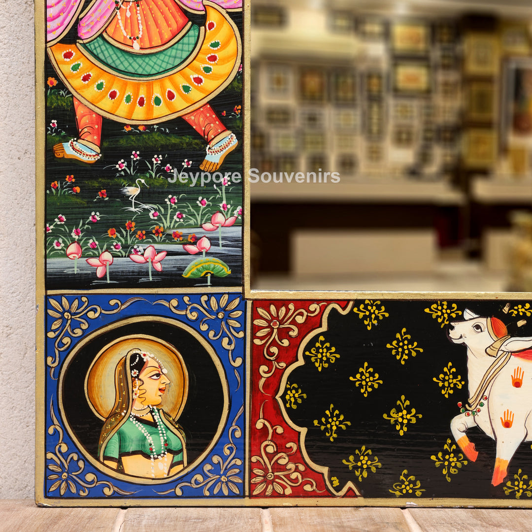Traditional Wooden Hand-Painted Radha Krishna Jharokha Mirror Frame