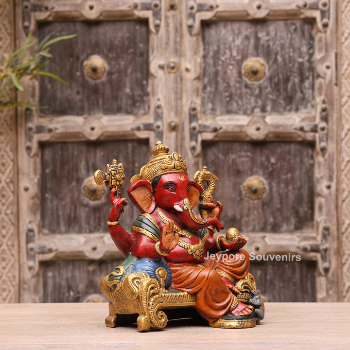 12" Hand-Painted Brass Lord Ganesha Sculpture