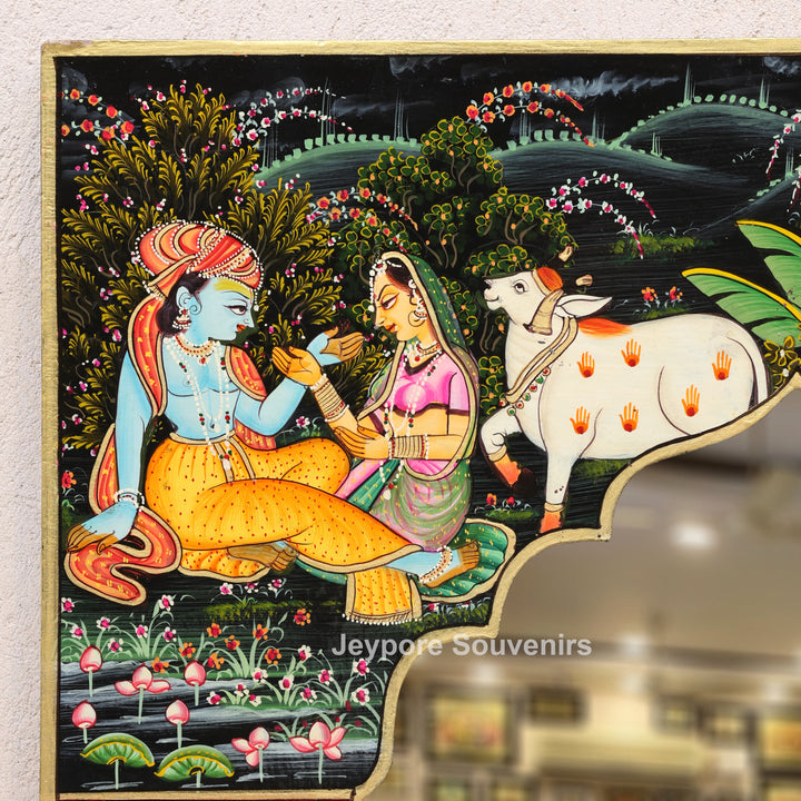Traditional Wooden Hand-Painted Radha Krishna Jharokha Mirror Frame