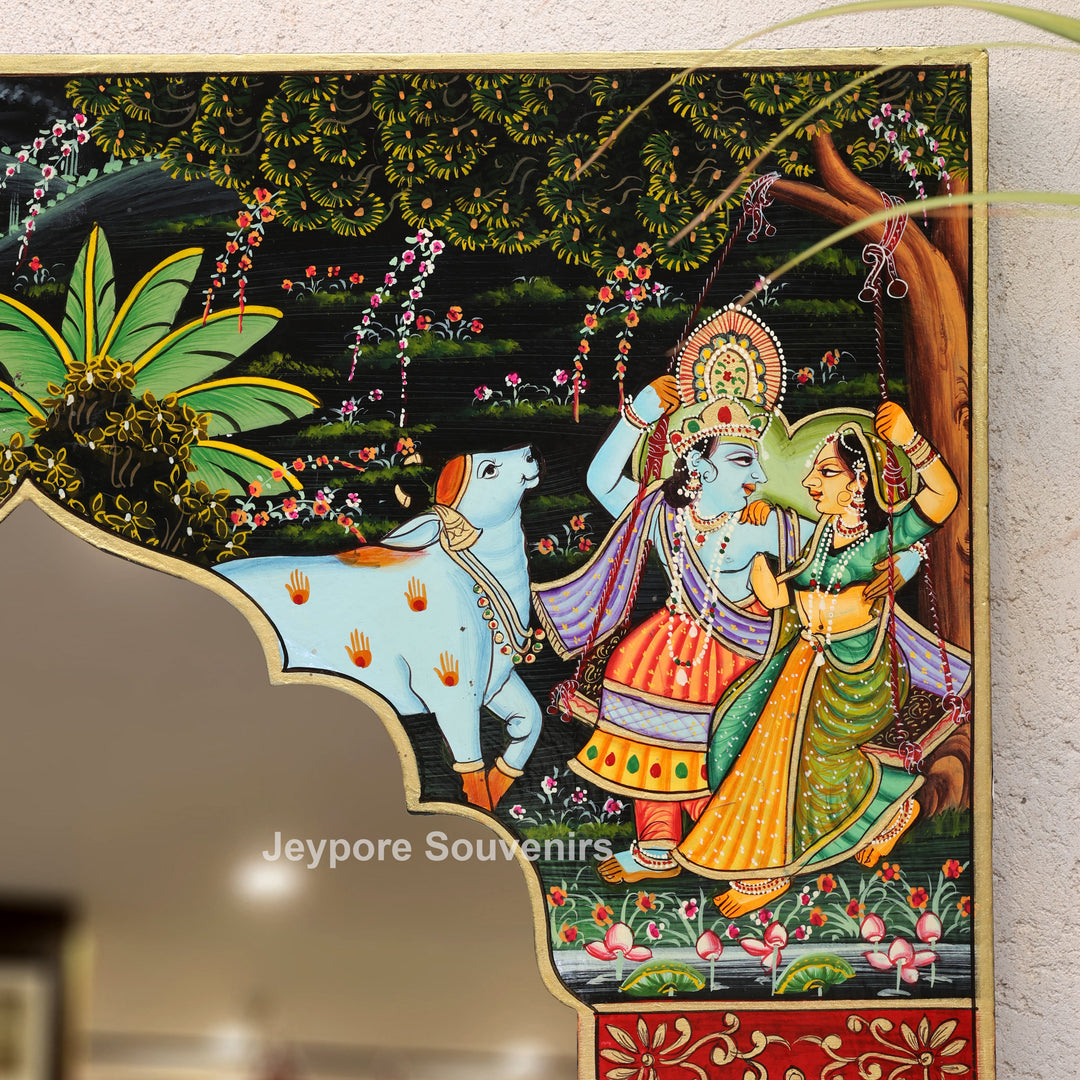 Traditional Wooden Hand-Painted Radha Krishna Jharokha Mirror Frame