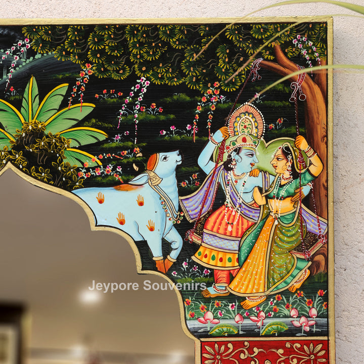 Traditional Wooden Hand-Painted Radha Krishna Jharokha Mirror Frame