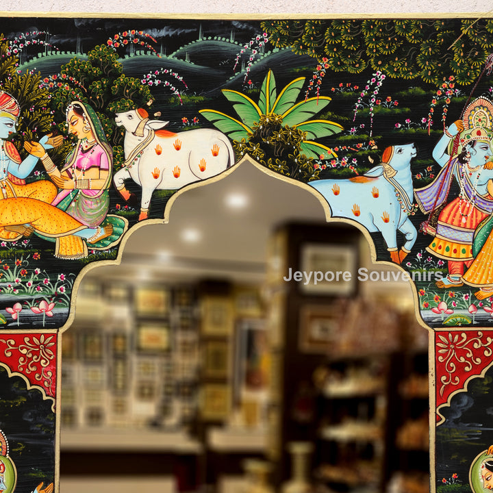 Traditional Wooden Hand-Painted Radha Krishna Jharokha Mirror Frame