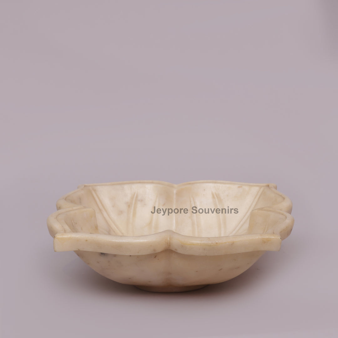 White Marble Decorative Lotus Urli Bowl with Open Flower Shaped