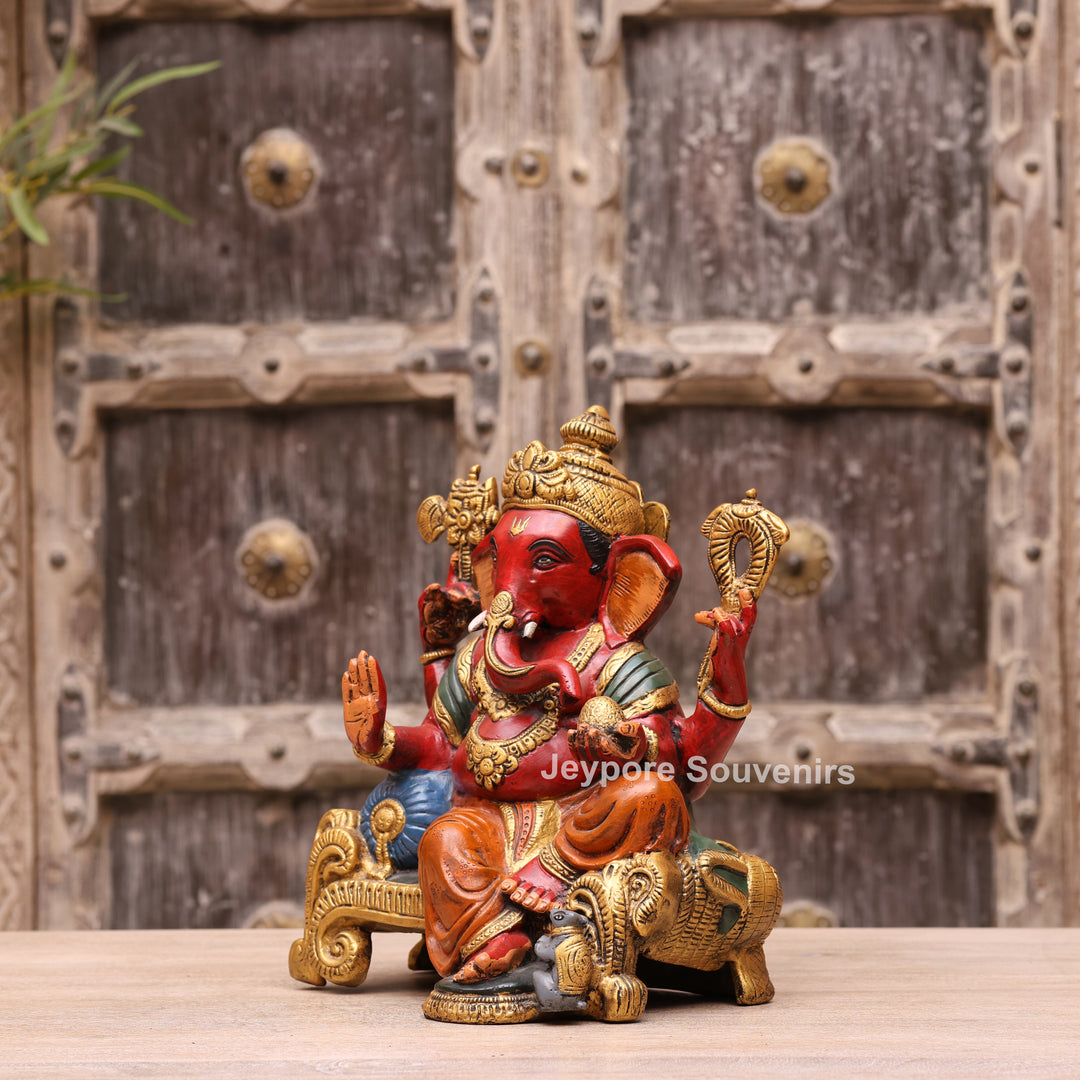 12" Hand-Painted Brass Lord Ganesha Sculpture