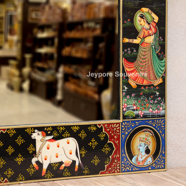 Traditional Wooden Hand-Painted Radha Krishna Jharokha Mirror Frame
