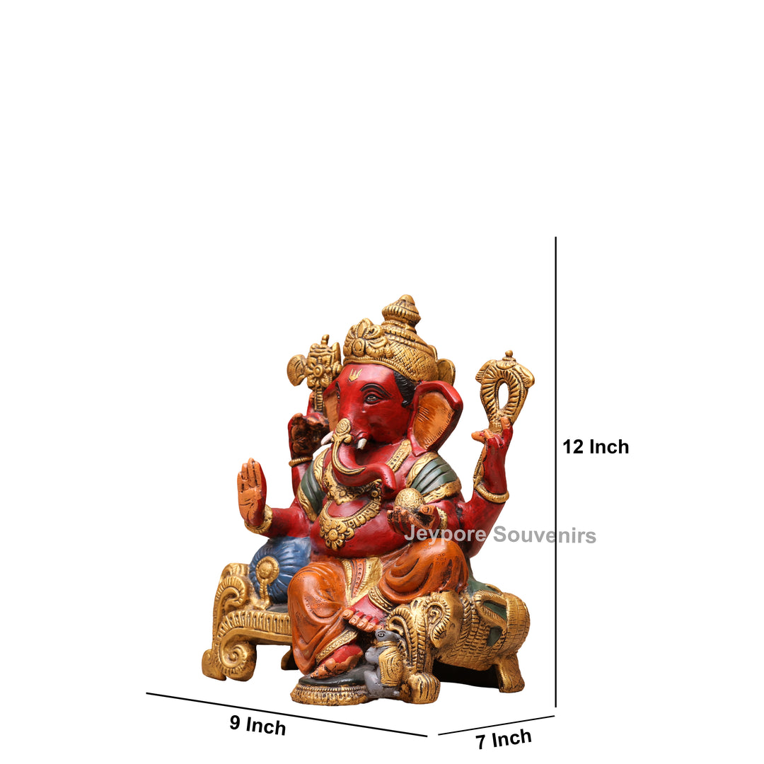 12" Hand-Painted Brass Lord Ganesha Sculpture