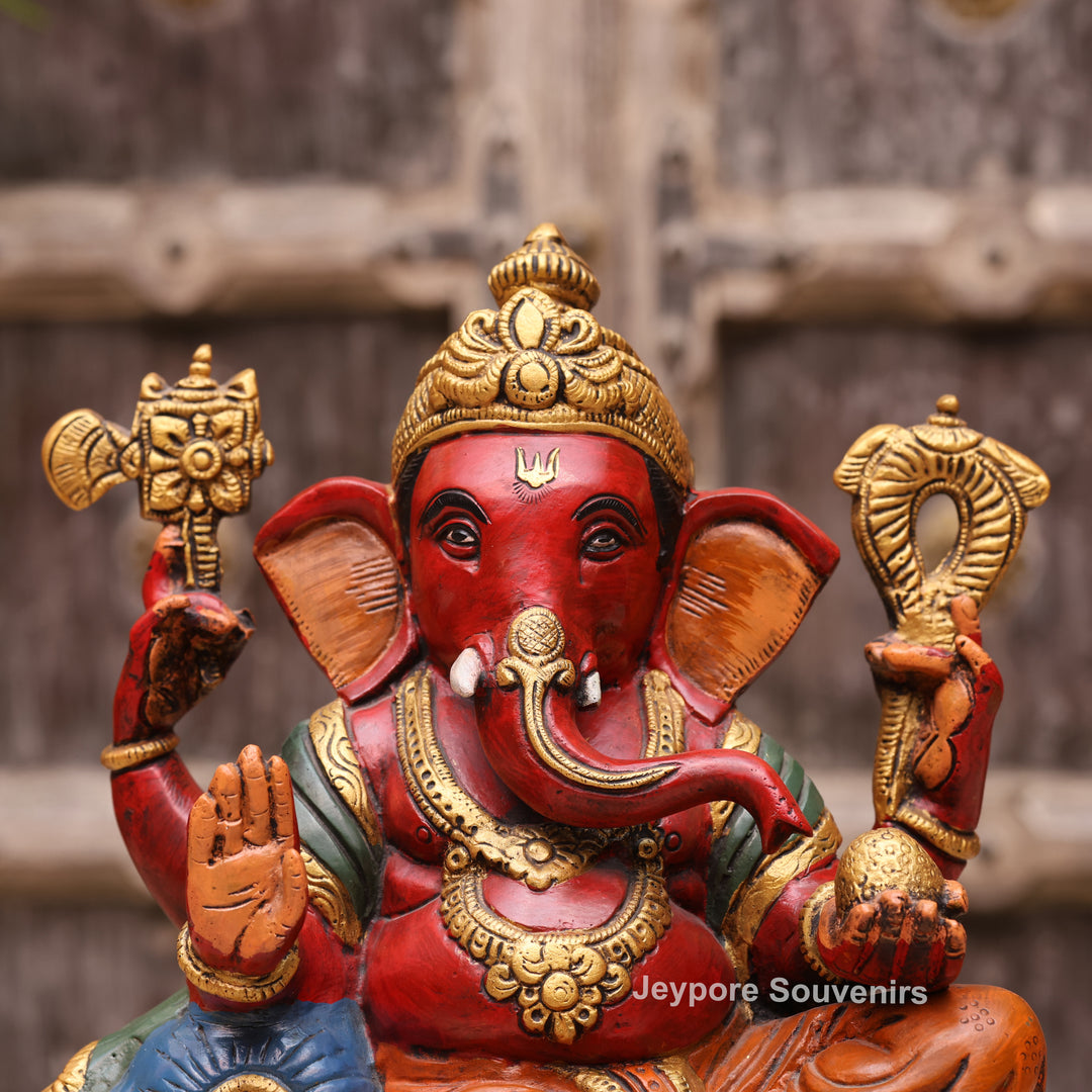 12" Hand-Painted Brass Lord Ganesha Sculpture