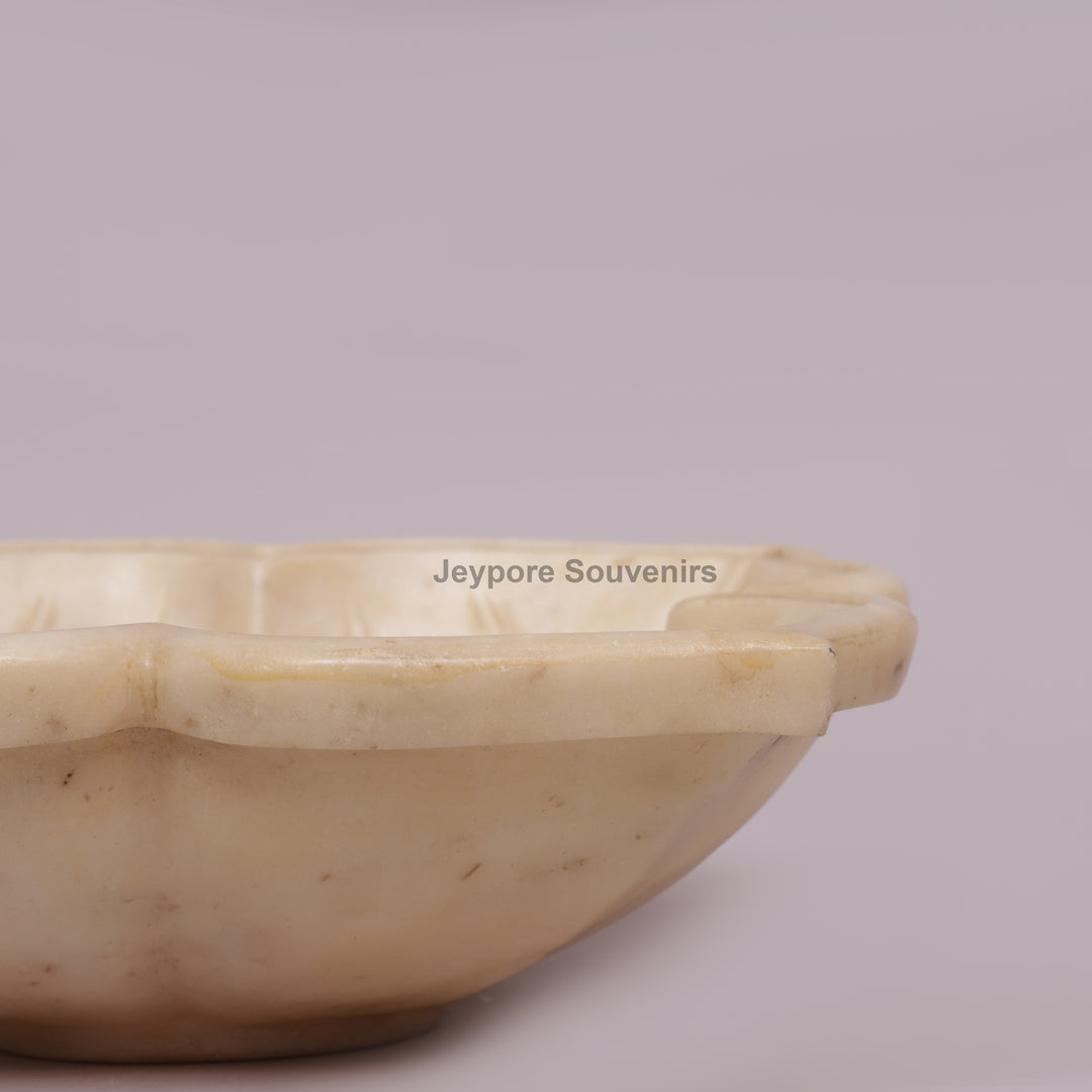 White Marble Decorative Lotus Urli Bowl with Open Flower Shaped