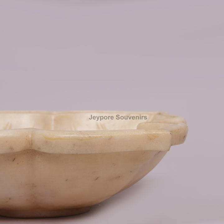 White Marble Decorative Lotus Urli Bowl with Open Flower Shaped