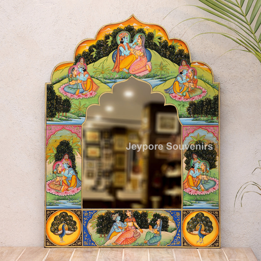 Hand-Painted Radha Krishna Pichwai Jharokha Wall Mirror