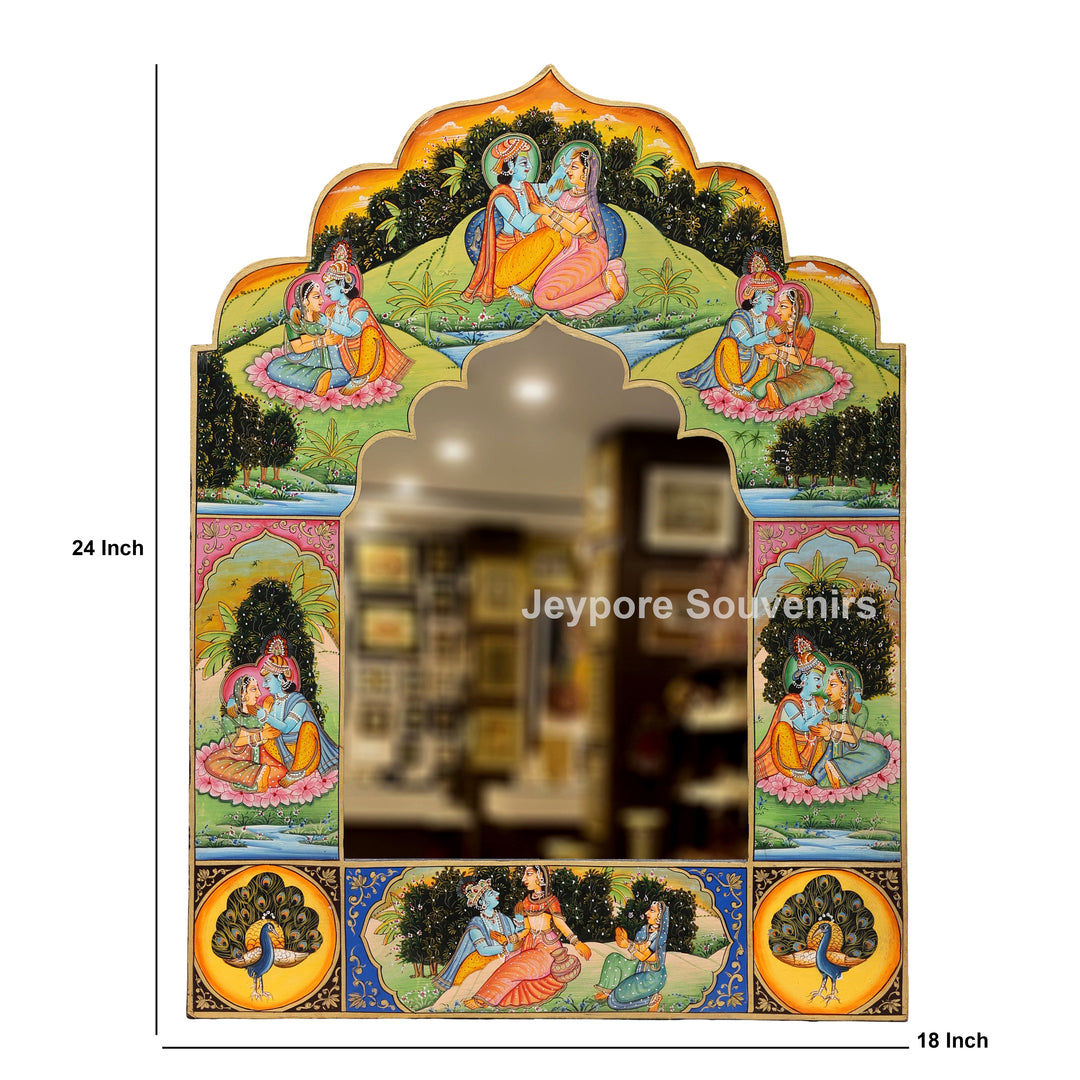 Hand-Painted Radha Krishna Pichwai Jharokha Wall Mirror