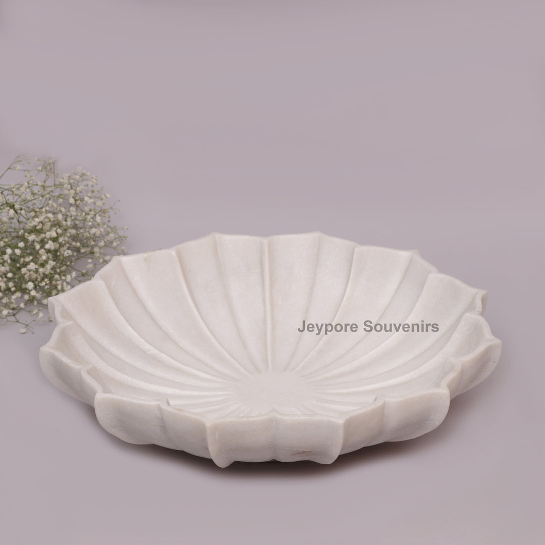 Handcrafted White Marble Lotus Bowl with Fluted Petal Design