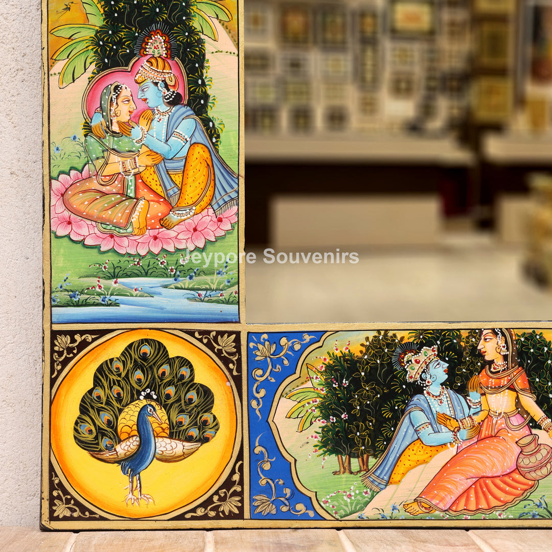 Hand-Painted Radha Krishna Pichwai Jharokha Wall Mirror