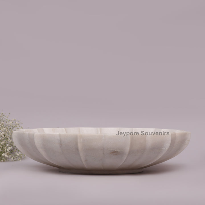 Handcrafted White Marble Lotus Bowl with Fluted Petal Design