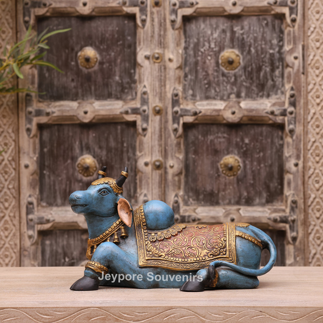 9" Hand-Painted Blue Brass Nandi Statue Spiritual Décor