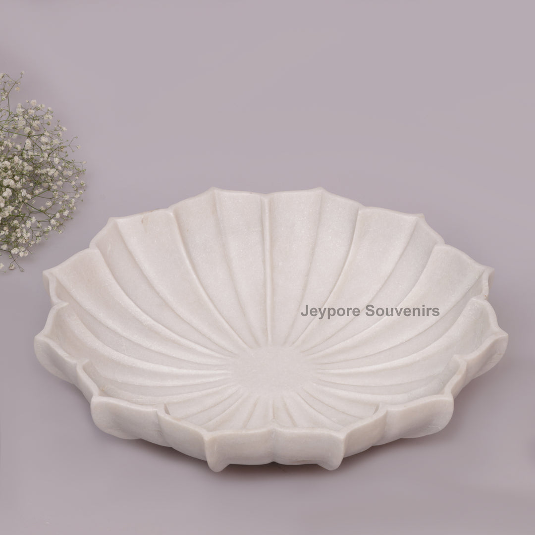 Handcrafted White Marble Lotus Bowl with Fluted Petal Design