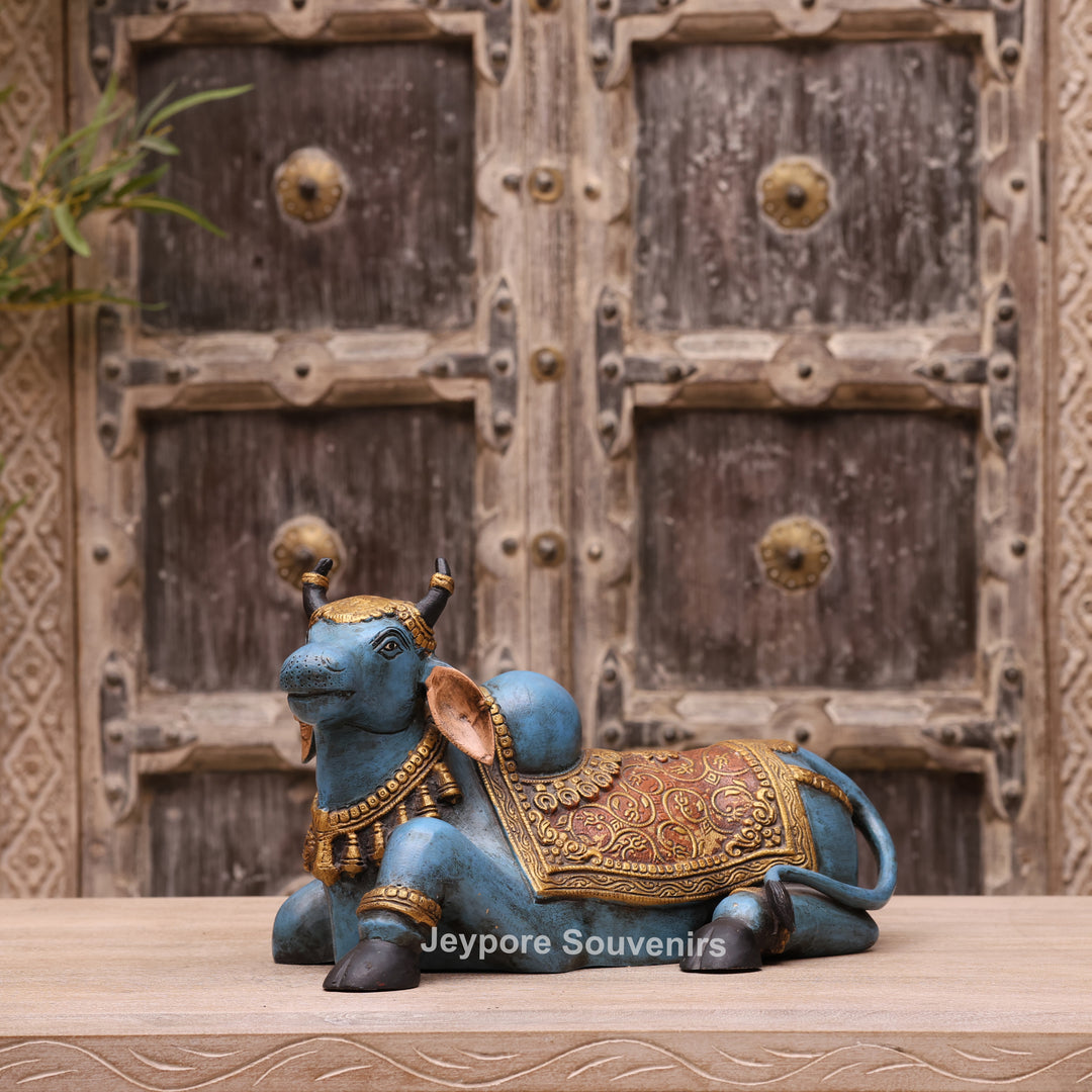 9" Hand-Painted Blue Brass Nandi Statue Spiritual Décor