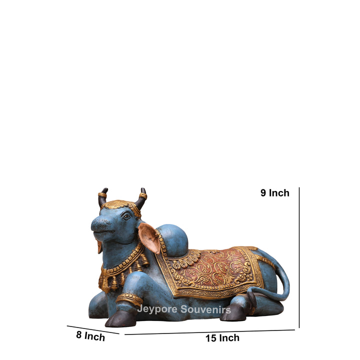 9" Hand-Painted Blue Brass Nandi Statue Spiritual Décor