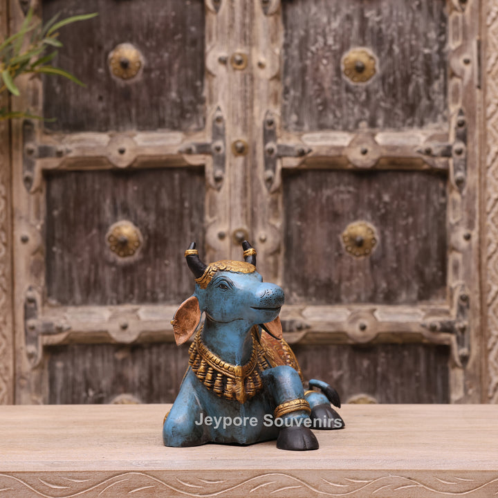 9" Hand-Painted Blue Brass Nandi Statue Spiritual Décor