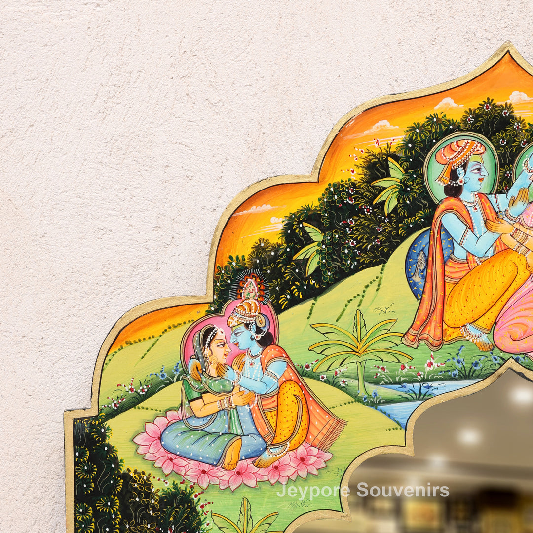 Hand-Painted Radha Krishna Pichwai Jharokha Wall Mirror