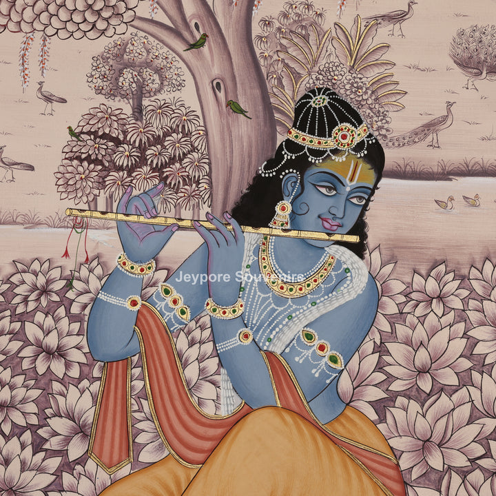Lord Krishna Playing the Flute in a Lotus Garden – Pichwai