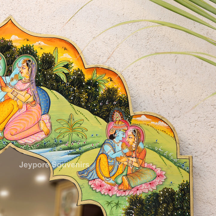 Hand-Painted Radha Krishna Pichwai Jharokha Wall Mirror