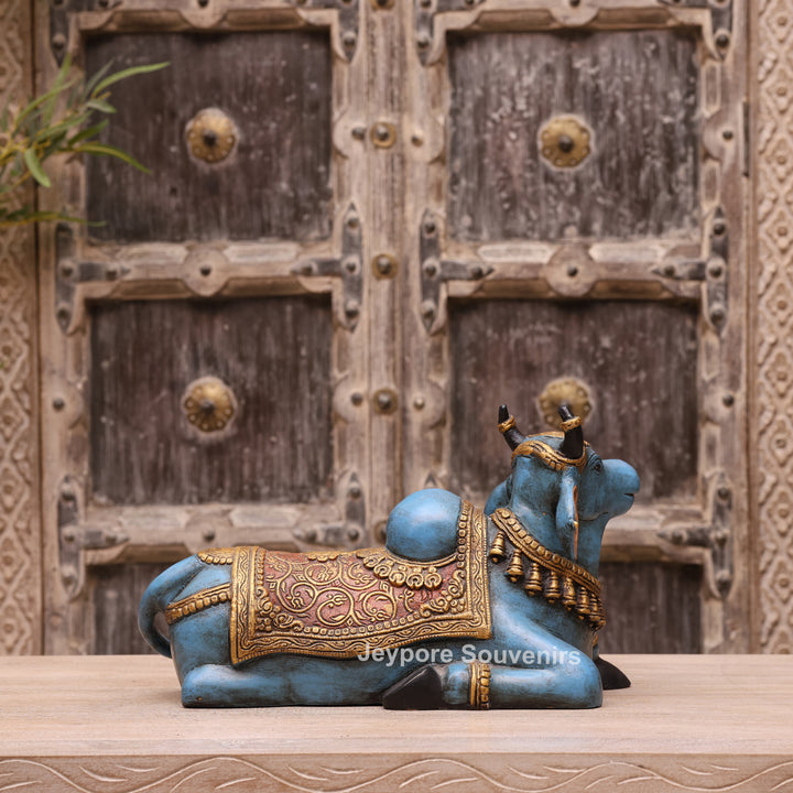 9" Hand-Painted Blue Brass Nandi Statue Spiritual Décor