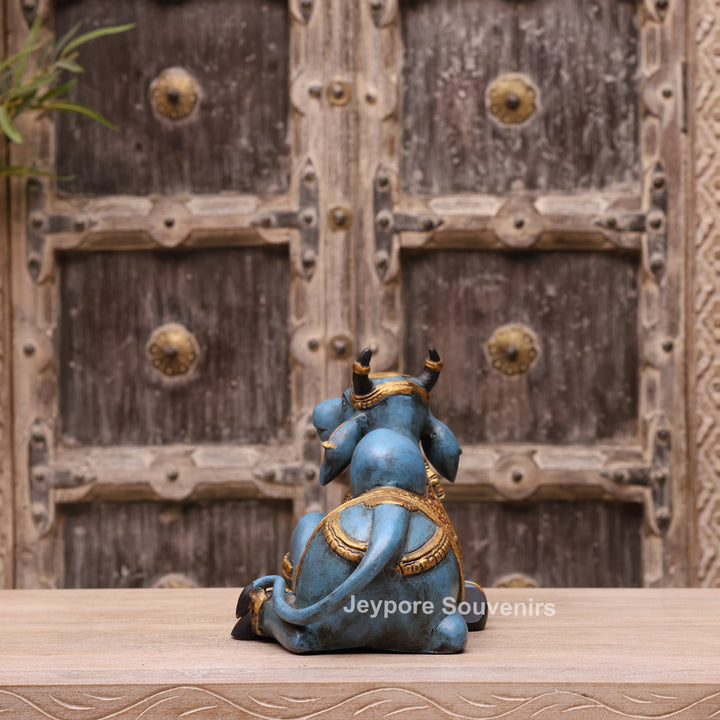 9" Hand-Painted Blue Brass Nandi Statue Spiritual Décor