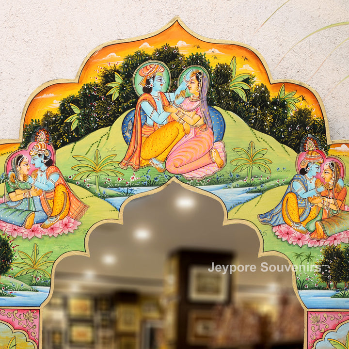 Hand-Painted Radha Krishna Pichwai Jharokha Wall Mirror