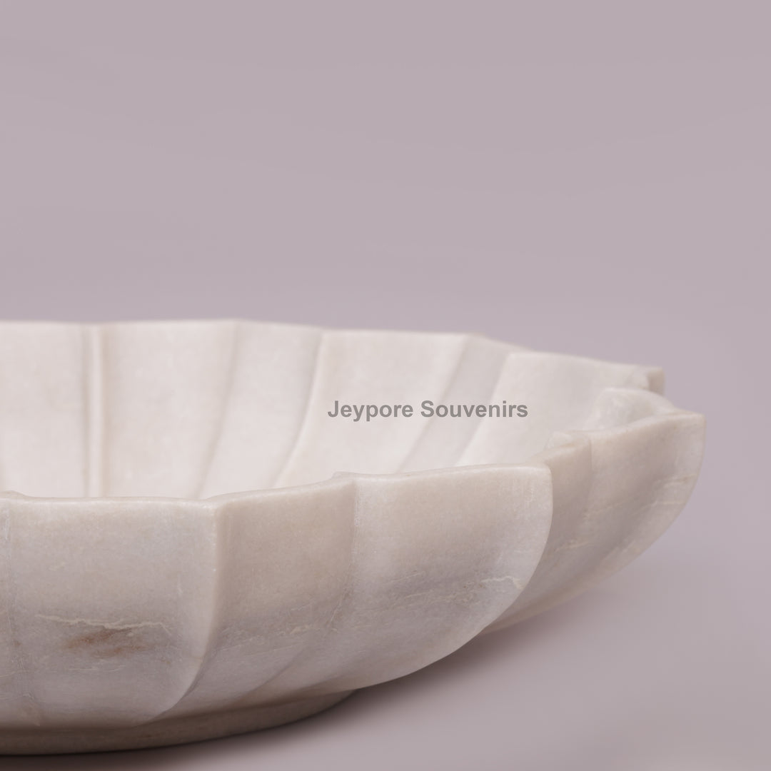 Handcrafted White Marble Lotus Bowl with Fluted Petal Design