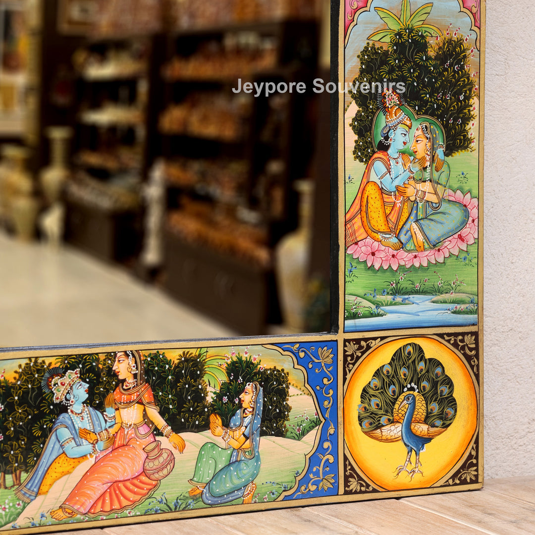 Hand-Painted Radha Krishna Pichwai Jharokha Wall Mirror